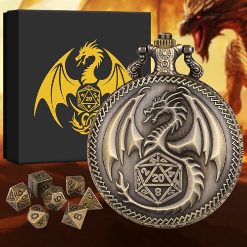 BYRRSF Mini DND Würfel Set Steampunk Drache Taschenuhr-Gehäuse, 7pcs Polyedrische Metall D&D Würfel Set, DND Geschenke mit Geschenkbox, Rollenspiele Brettspiele Zubehör, Bronze von BYRRSF
