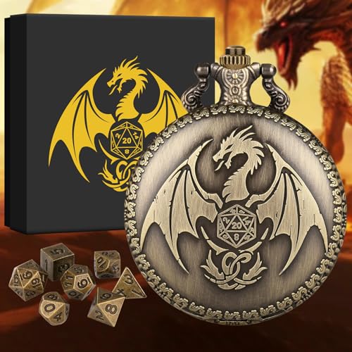 BYRRSF Mini DND Würfel Set Steampunk Drache Taschenuhr-Gehäuse, 7pcs Polyedrische Metall D&D Würfel Set, DND Geschenke mit Geschenkbox, Rollenspiele Brettspiele Zubehör, Bronze von BYRRSF