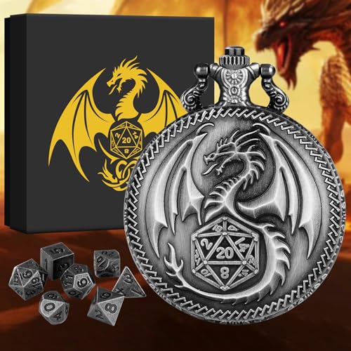BYRRSF Mini DND Würfel Set Steampunk Drache Taschenuhr-Gehäuse, 7pcs Polyedrische Metall D&D Würfel Set, DND Geschenke mit Geschenkbox, Rollenspiele Brettspiele Zubehör, Silber BYRRSF Mini DND Würfel Set Steampunk Drache Taschenuhr-Gehäuse, 7pcs Polyedrische Metall D&D Würfel Set, DND Geschenke mit Geschenkbox, Rollenspiele Brettspiele Zubehör, Silber von BYRRSF
