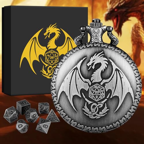 BYRRSF Mini DND Würfel Set Steampunk Drache Taschenuhr-Gehäuse, 7pcs Polyedrische Metall D&D Würfel Set, DND Geschenke mit Geschenkbox, Rollenspiele Brettspiele Zubehör, Silber von BYRRSF