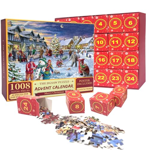 Adventskalender 2024, Weihnachtspuzzle, 1000 Teile, Spielzeug für Erwachsene und Kinder, 1008 Teile in 24 Mini-Boxen, verschneite Landschaft Puzzle Adventskalender 2024, Weihnachtspuzzle, 1000 Teile, Spielzeug für Erwachsene und Kinder, 1008 Teile in 24 Mini-Boxen, verschneite Landschaft Puzzle von BYTEWAR