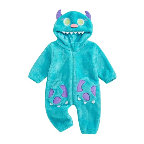 BYUSBAYA Baby Tier Cosplay Kostüm Kleinkind Jungen Mädchen Langarm Reißverschluss Kapuze Flanell Overall Lustige Halloween Kleidung (K-Blau, 0-3 Monate) von BYUSBAYA