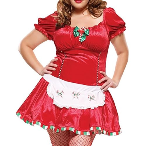 BYUSBAYA Damen Lebkuchen Cosplay Kostüm Weihnachten Dienstmädchen Verkleidung Urlaub Patchwork Mini A-Linie Kleid Xmas Festival Party Cosplay Outfit (Rot, M) von BYUSBAYA