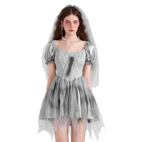 BYUSBAYA Damenkostüme für Halloween, Geister-Vampir, Braut, Horror, Zombie-Kostüm, Leichenbraut, Cosplay, Karneval, Festival, Outfits (D Grau, L) von BYUSBAYA