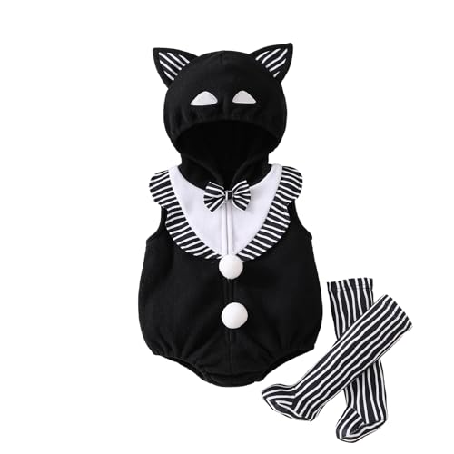 BYUSBAYA Halloween-Kostüme für Kleinkinder, Baby, Jungen, Mädchen, flauschig, warm, mit Reißverschluss, mit Kapuze und Beinstulpen, lustige Tier-Cosplay-Outfits (schwarze Katze, 6-12 Monate) von BYUSBAYA