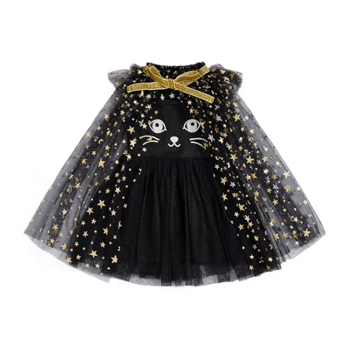 BYUSBAYA Halloween-Umhang für Kinder, Mädchen, Fariy-Hexe, glitzernd, Tüll, Tutu, Umhang, Glitzer, Prinzessin, Rave, Cosplay, Party-Outfit (Umhang und Katzenkleid, Schwarz, Größe 2–3T) von BYUSBAYA