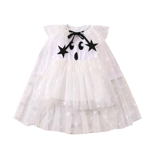 BYUSBAYA Halloween-Umhang für Kinder, Mädchen, Fariy-Hexe, glitzernd, Tüll, Tutu, Umhang, Glitzer, Prinzessin, Rave, Cosplay, Party-Outfit (Umhang und Kleid, Weiß, Größe 3–4T) von BYUSBAYA