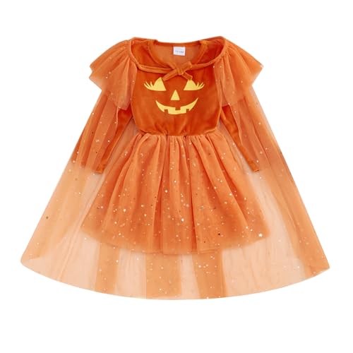 BYUSBAYA Halloween-Umhang für Kinder, Mädchen, Fariy-Hexe, glitzernd, Tüll, Tutu, Umhang, Glitzer, Prinzessin, Rave, Cosplay, Party-Outfit (Umhang und Kürbiskleid, Orange, 5–6 Jahre) von BYUSBAYA