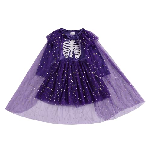 BYUSBAYA Halloween-Umhang für Kinder, Mädchen, Fariy-Hexe, glitzernd, Tüll, Tutu, Umhang, Glitzer, Prinzessin, Rave, Cosplay, Party-Outfit (Umhang und Skelettkleid, Lila, Größe 4–5T) von BYUSBAYA
