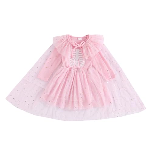 BYUSBAYA Halloween-Umhang für Kinder, Mädchen, Fariy-Hexe, glitzernd, Tüll, Tutu, Umhang, Glitzer, Prinzessin, Rave, Cosplay, Party-Outfit (Umhang und Skelettkleid, Rosa, Größe 3–4T) von BYUSBAYA