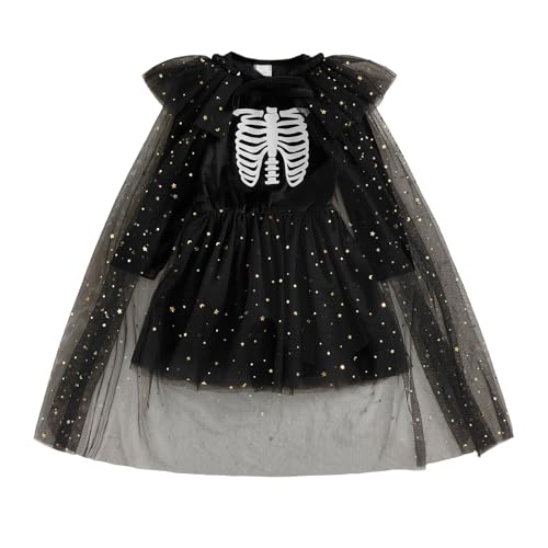 BYUSBAYA Halloween-Umhang für Kinder, Mädchen, Fariy-Hexe, glitzernd, Tüll, Tutu, Umhang, Glitzer, Prinzessin, Rave, Cosplay, Party-Outfit (Umhang und Skelettkleid, Schwarz, Größe 3–4T) von BYUSBAYA