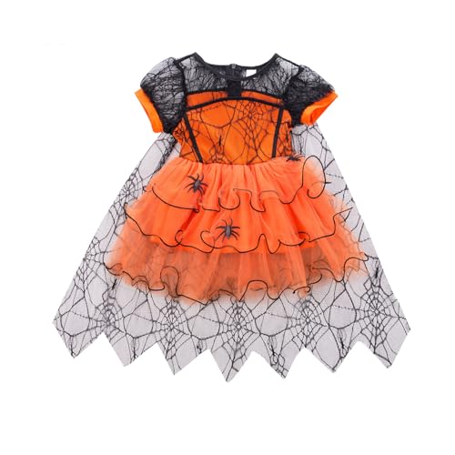 BYUSBAYA Kleinkind Baby Mädchen Halloween Outfits Spinne Fledermaus Puffärmel Spitze Tüll Tutu Kleid Strampler Kleid Vampir Hexe Kostüme (Orange, 2-3T) von BYUSBAYA