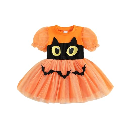 BYUSBAYA Kleinkind Baby Mädchen Halloween Outfits Spinne Fledermaus Puffärmel Spitze Tüll Tutu Kleid Strampler Kleid Vampir Hexe Kostüme (Orange Katze & Fledermäuse Kleid, 12-18 Monate) von BYUSBAYA