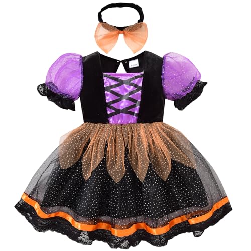 BYUSBAYA Kleinkind Baby Mädchen Halloween Outfits Spinne Fledermaus Puffärmel Spitze Tüll Tutu Kleid Strampler Kleid Vampir Hexe Kostüme (Schwarz Lila Hexenkleid, 2-3 Jahre) von BYUSBAYA