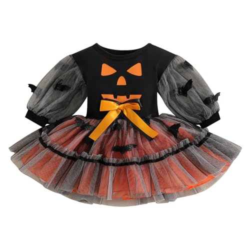 BYUSBAYA Kleinkind Baby Mädchen Halloween Outfits Spinne Fledermaus Puffärmel Spitze Tüll Tutu Kleid Strampler Kleid Vampir Hexe Kostüme (Schwarz Orange Fledermaus Kleid, 18-24 Monate) von BYUSBAYA