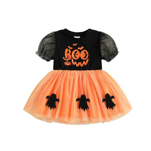 BYUSBAYA Kleinkind Baby Mädchen Halloween Outfits Spinne Fledermaus Puffärmel Spitze Tüll Tutu Kleid Strampler Kleid Vampir Hexe Kostüme (Schwarz Orange Geist Kleid, 3-4 Jahre) von BYUSBAYA