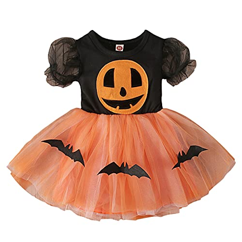 BYUSBAYA Kleinkind Baby Mädchen Halloween Outfits Spinne Fledermaus Puffärmel Spitze Tüll Tutu Kleid Strampler Kleid Vampir Hexe Kostüme (Schwarz Orange Kürbis Fledermaus Kleid, 18-24 Monate) von BYUSBAYA