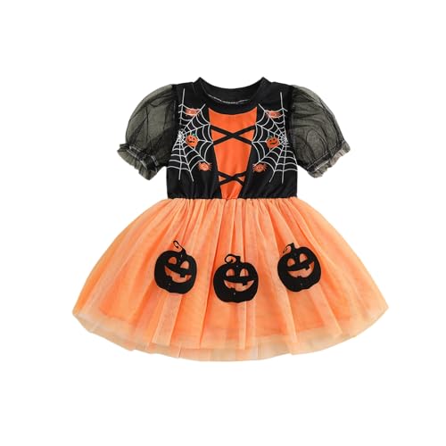 BYUSBAYA Kleinkind Baby Mädchen Halloween Outfits Spinne Fledermaus Puffärmel Spitze Tüll Tutu Kleid Strampler Kleid Vampir Hexe Kostüme (Schwarz Orange Kürbiskleid, 18-24 Monate) von BYUSBAYA