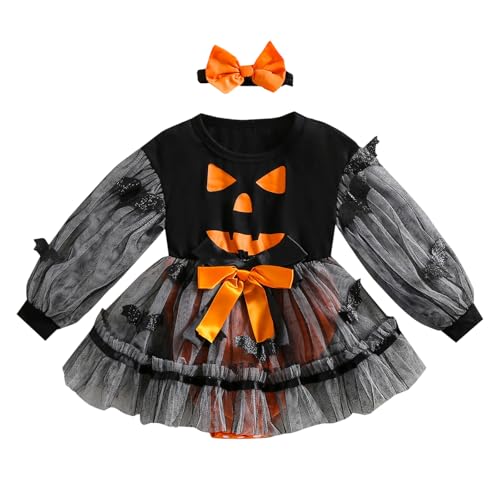 BYUSBAYA Kleinkind Baby Mädchen Halloween Outfits Spinne Fledermaus Puffärmel Spitze Tüll Tutu Kleid Strampler Kleid Vampir Hexe Kostüme (Schwarzer Kürbis Strampler Kleid, 0-3 Monate) von BYUSBAYA