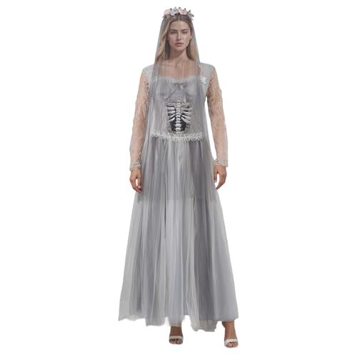 Halloween-Kostüm für Damen, Vampir, Horror, Zombie-Kostüm, Leichenbraut, Cosplay, Karneval, Festival, Outfits (B Grau, L) von BYUSBAYA