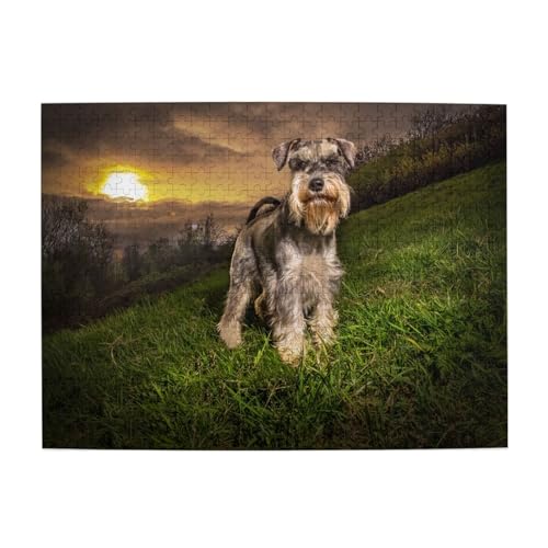 Schnauzer Sonnenuntergang Hunde Haustiere Berge Schnauzer, 500 Teile Puzzle für Erwachsene – Holzpuzzle für Erwachsene und ältere Menschen von BYwenhopnbs