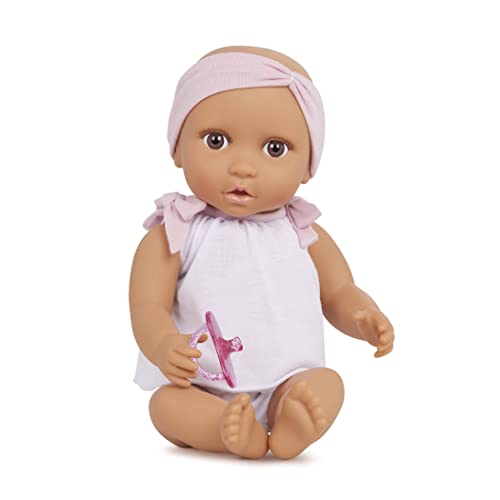 Babi BAB7225Z Baby Kleidung in Pink Weiß und Schnuller – Weiche 36 cm Puppe mit mittlerem Hautton und braunen Augen – Spielzeug ab 2 Jahren, '14" BABY DOLL W/2PC BODY SUIT & PINK HEADBAND, Bunt von Babi