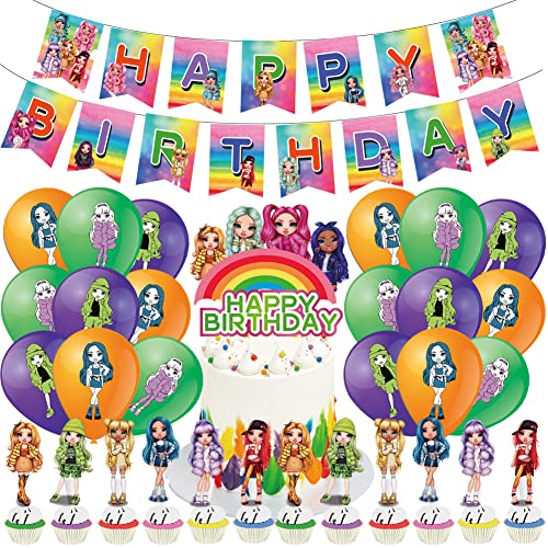 Babioms Rainbow Dolls Balloon, 44 Stück Rainbow Dolls Luftballons Geburtstagsdeko Latexballon Banner Cupcake Topper Kuchen Dekoration Mädchen Junge Partyzubehör von Babioms