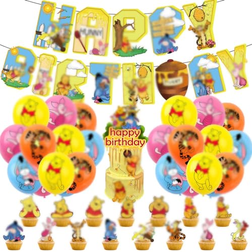 Babioms Winie Pooh Deko, Geburtstag Luftballons Winie, Winie Pooh Party Supplies, Ballon Winie Pooh Happy Birthday Banner Cake Topper Kuchendeckel Geburtstag, 34Stück von Babioms