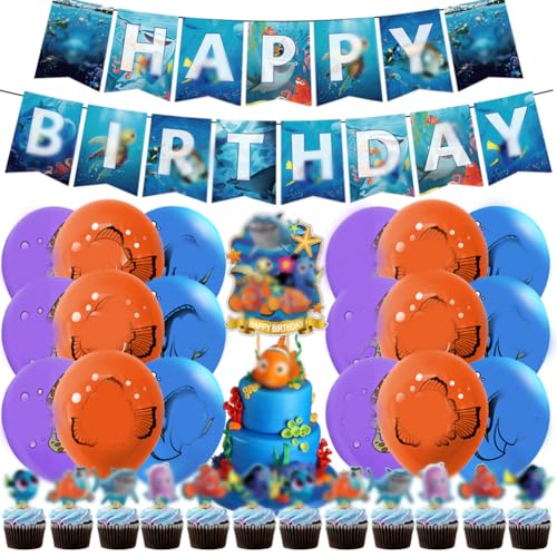 Finding Nemo Party Dekorationen Set Babioms 32 Stück Dory Nemo Geburtstag Ballon Dekoration Birthday Banner Meerestierballon Cake Toppers für Kinder Geburtstag Dekoration von Babioms