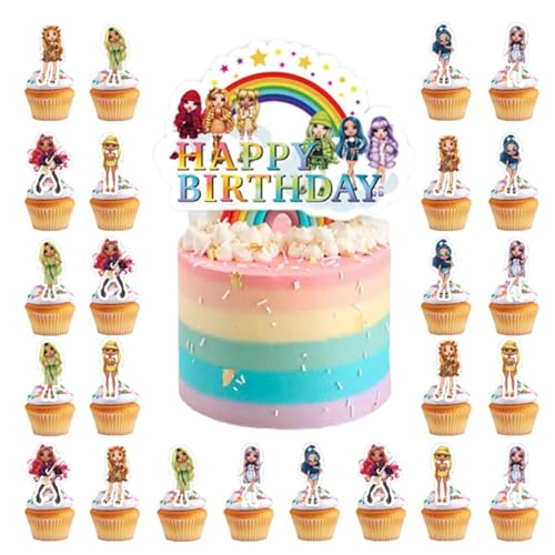 Rainbow Doll Geburtstagsdeko 25 PCS Rainbow Doll Cake Topper Cupcake Topper Für Kinder Party Dekoration für Mädchen Jungen Kinder Thema Party von Babioms
