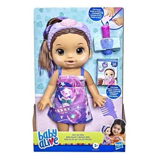 Baby Alive Glam Spa Babypuppe, Meerjungfrau, Make-up-Spielzeug für Kinder ab 3 Jahren, Color Reveal Mani-Pedi und Make-up, 32 cm Wasserspielpuppe, braunes Haar von Baby Alive