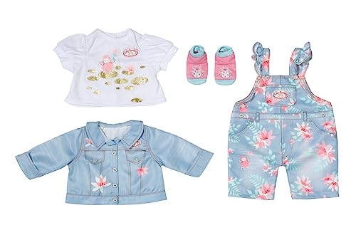 Baby Annabell Active Deluxe Jeans Outfit, blau rosa Latzhose mit Jeansjacke, weiße Bluse und Socken für 43 cm Puppen, 706268 Zapf Creation von Baby Annabell