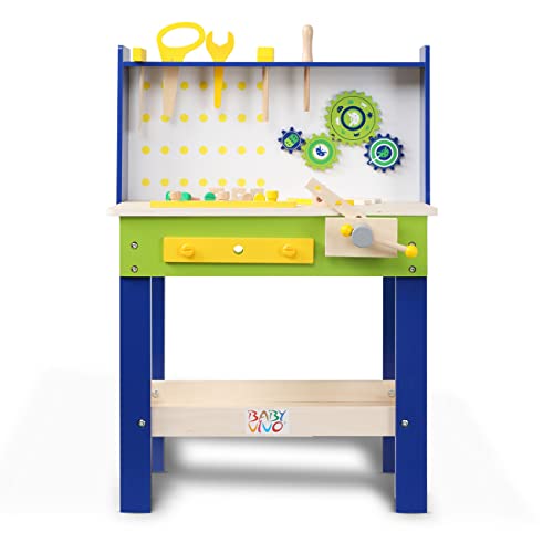 Baby Vivo Spielwerkbank aus Holz mit drehbaren Zahnrädern - Werkzeug und Zubehör 29-teilige Werkbank Bank Werkbank für Kinder Spielzeug Tisch Handwerker - Holzbank Werkzeugbank für Kleinkinder - Luigi von Baby Vivo