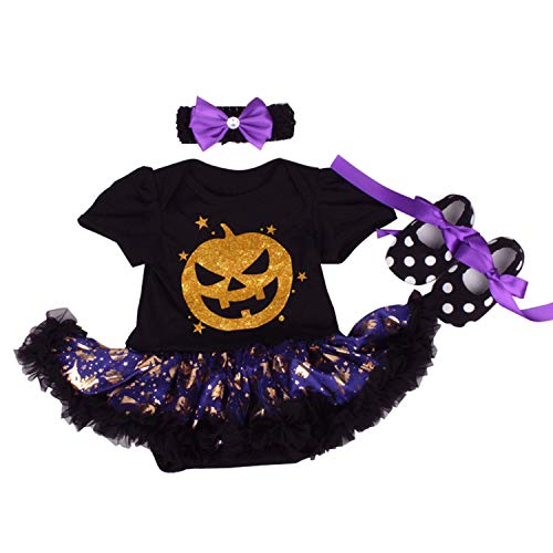 BabyPreg Meine erstes Halloween-Kostüm für Kleinkind Mädchen Thanksgiving Kostüm Kürbis Anziehen Baby Kleid Set (12-18 Monate, Schwarzes Gesicht) von BabyPreg