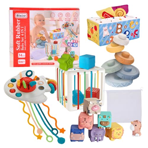 Babybaipro - Montessori-Sensorik- und Lernspielzeug-Set für Babys, Jungen und Mädchen, 6-in-1: Stapelblöcke, Tücherbox. Geschenk zur Geburt, Geburtstag, 6 bis 36 Monate, 2 Jahre, ungiftig von Babybaipro