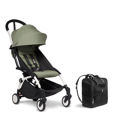 BABYZEN Kinderwagen YOYO2 6+ White mit Textilset Olive und GRATIS Backpack YOYO Black von Babyzen