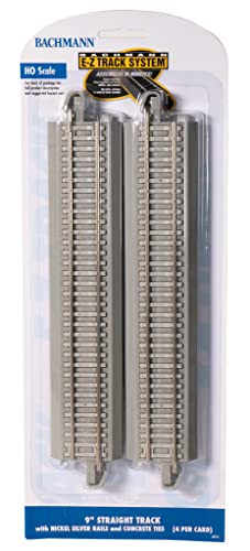 Bachmann Züge – Snap-Fit E-Z Track® 22,9 cm gerade Schiene (4/Karte) – Nickel-Silber-Schiene mit Cponcrete-Bändern auf grauem Straßenbett – HO-Skala (44711) von Bachmann