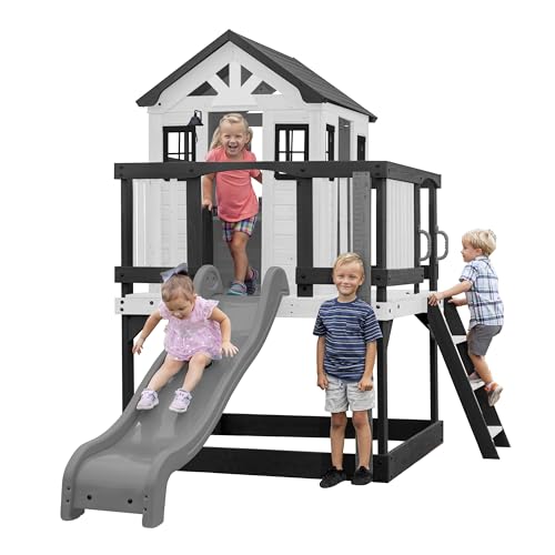 Backyard Discover Spielhaus Sweetwater Heights mit Grün Rutsche, Sandkasten & Veranda | Stelzenhaus in Grau und Weiß aus Holz für Kinder | Spielturm für den Garten von Backyard Discovery