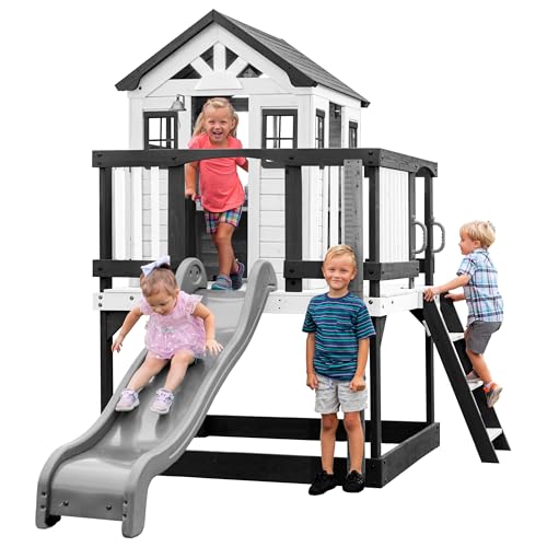 Backyard Discover Spielhaus Sweetwater Heights mit grüner Rutsche, Sandkasten & Veranda | Stelzenhaus, grau/weiß aus Holz für Kinder | Spielturm für den Garten von Backyard Discovery