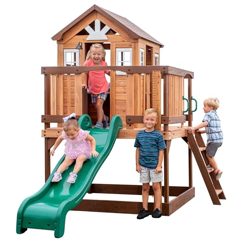 Backyard Discovery Spielhaus Echo Heights mit grüner Rutsche, Sandkasten & Veranda | Stelzenhaus in Braun aus Holz für Kinder | Spielturm für den Garten. von Backyard Discovery