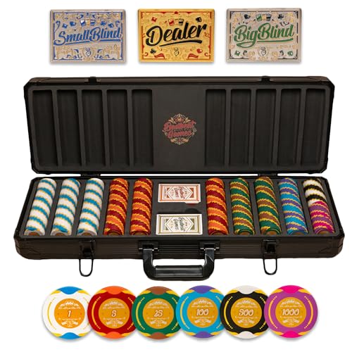500-teiliges Poker-Set mit nummerierten Werten, 14 g, 40 mm Tonpokerchips, robuste Tragetasche und Spielkarten, mit Dealer, Small Blind und Big Blind Positionsmarkern von Badbeat Games