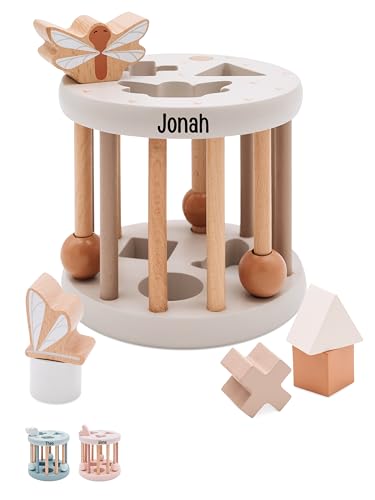 Bärenfreunde® - Personalisierter Formen-Sortier-Rad aus Holz - Montessori Würfel - Baby Motorikspielzeug ab 1 Jahr - Baby Spielzeug 1 Jahr (Nougat, mit Name) von Bärenfreunde