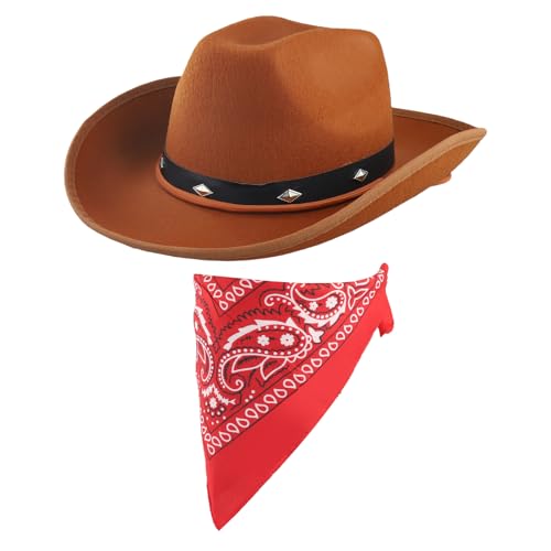 Bafeil Kostüm Kopfbedeckung Cowboyhut und Bandana, brauner Cowboyhut für Herren und Bandana Halstuch Schal Erwachsene Cowboy Verkleidung Party Wild Western Sheriff Country Western Rancher Bafeil Kostüm Kopfbedeckung Cowboyhut und Bandana, brauner Cowboyhut für Herren und Bandana Halstuch Schal Erwachsene Cowboy Verkleidung Party Wild Western Sheriff Country Western Rancher von Bafeil