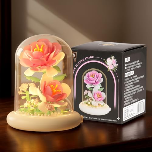 Blumenstrauß Bauset mit LED-Beleuchtung - Rosa Rose Botanical Collection Bausteine Set, Mini Steine mit Abdeckung, Geburtstag für Erwachsene, Freundin, Ehefrau, Frauen von Bafeil