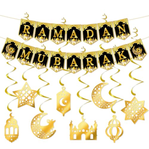 Ramadan Deko Set, Ramadan Mubarak Dekoration inklusive Girlande und Banner, Gold Eid Mubarak Deko, Ramazan Kareem Deko Süsleri Stern Mond Laterne für Eid Party Deko Ramadan Deko Set, Ramadan Mubarak Dekoration inklusive Girlande und Banner, Gold Eid Mubarak Deko, Ramazan Kareem Deko Süsleri Stern Mond Laterne für Eid Party Deko von Bafiwu