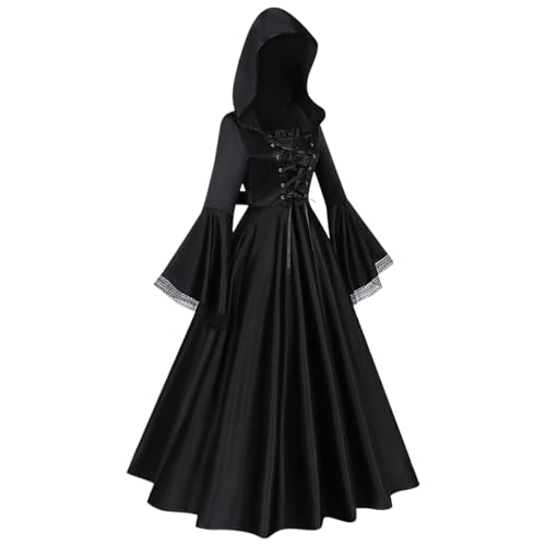 Bagiaope Hexen Kostüm Langer Rock | Gothic Verung mit Kapuze,Halloween Hexenoutfit,Für Gruselhaus Cosplay Event Escape Room Freundinnen Schwestern Mutter von Bagiaope