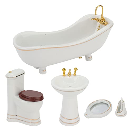 5-teiliges 1:12 Puppenhaus-Badezimmer-Set, Weiße Keramik, Toilettenbecken, Badewanne, Spiegel, Puppenhaus-Zubehör für Badezimmer, Kuchenaufsatz, Spielzeug von Bagima