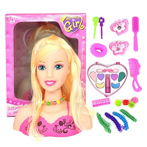 Bagima Make-up-Kinder Pretend Make-up-Spielset für Kinder, 17-teiliges Friseur-Styling-Kopf-Puppen-Make-up-Spielzeug, Pädagogisches Spielzeug, Geschenk für Kinder, Mädchen von Bagima