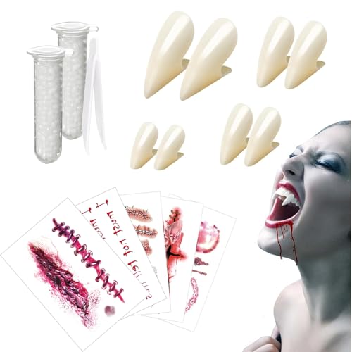 13 Stück Vampir zähne Erwachsene Set - 4 Größen Vampir zähne, 5 Halloween-Tattoos + 1 Zombie-Gebiss inkl., mit 2 Tube Zahnpellets Kleber für Cosplay-, Halloween- & Horror-Events 13 Stück Vampir zähne Erwachsene Set - 4 Größen Vampir zähne, 5 Halloween-Tattoos + 1 Zombie-Gebiss inkl., mit 2 Tube Zahnpellets Kleber für Cosplay-, Halloween- & Horror-Events von BaiDekun