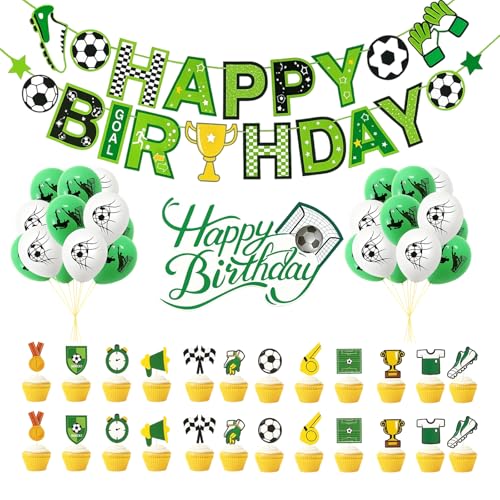 44 Stück Fußball Kuchen Deko, Fussball Geburtstag Deko Girlande, Tortendeko Geburtstagstorte, Fußball Happy Birthday Banner, Topper für Geburtstag Party von BaiDekun